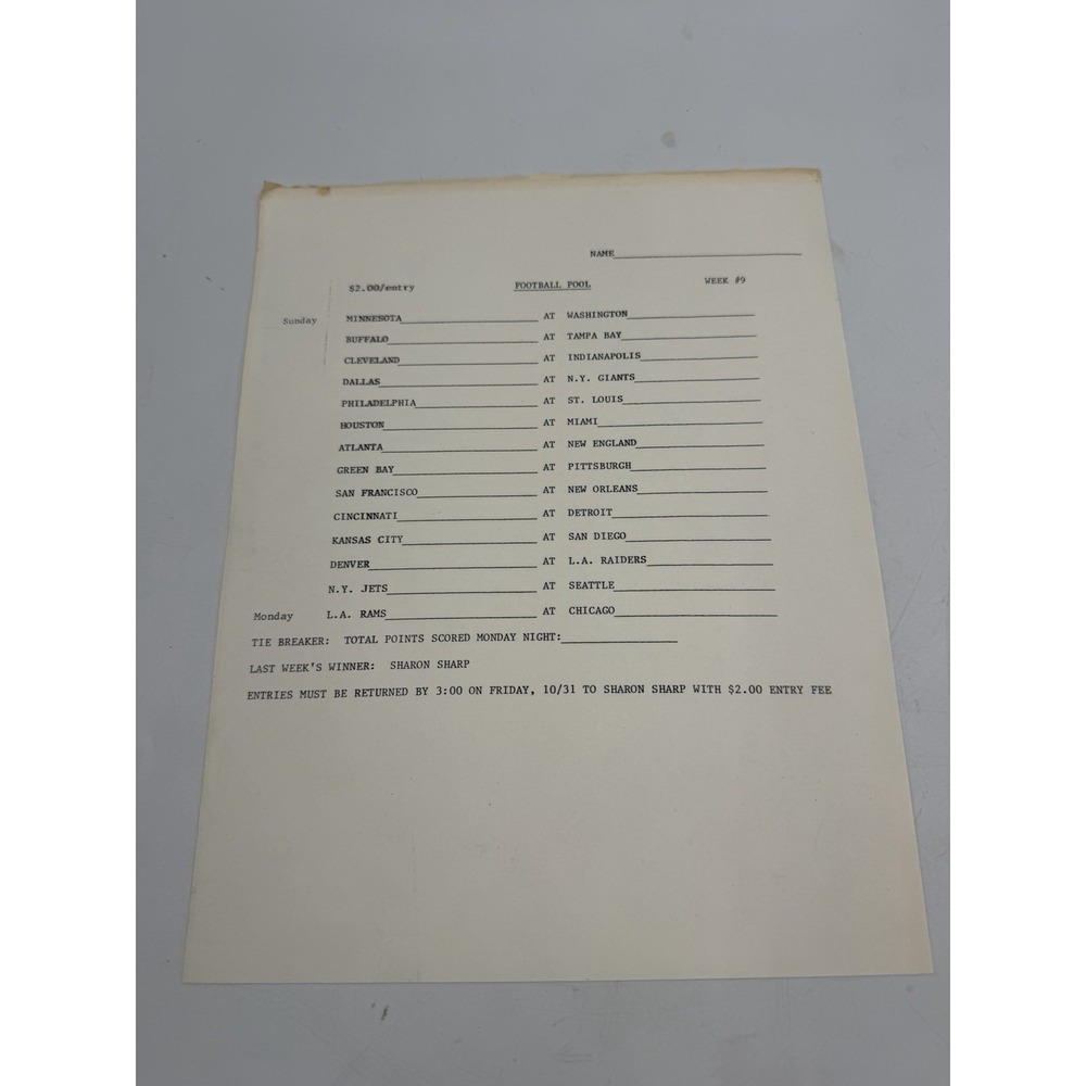 Vintage 1986 NFL Football Pool Week 9 Picks Sheet Minnesota Washington Ephemera